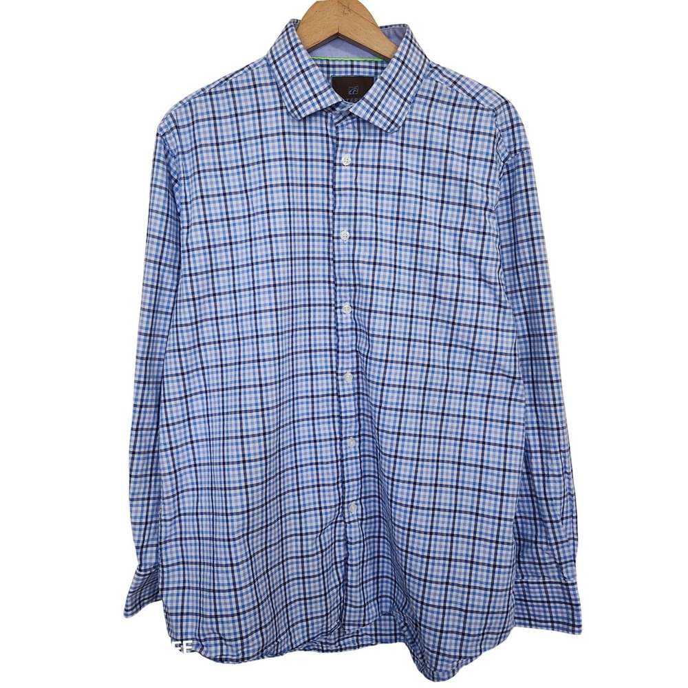 Tattersall London Button Down Shirt Mens 17 34/35 Blue Plaid Long Sleeve Check